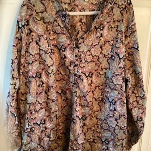 Talbots Plus Paisley Top Blouse Sz 3X Ruffled Neck Sleeve 1/2 Buttoned Down - Picture 1 of 8